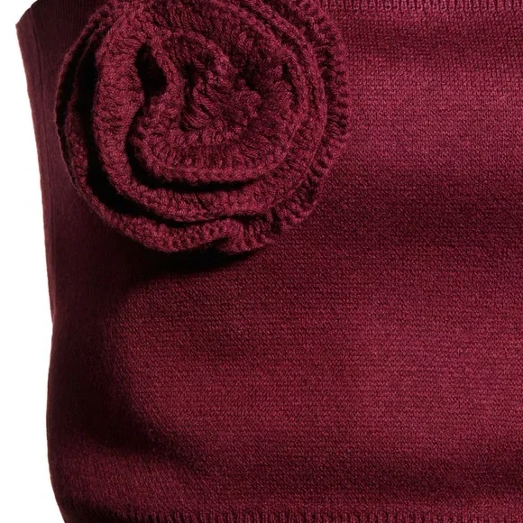 Wool Blend Elegant Burgundy Knit Top with Rose Applique - Picture 2 of 4